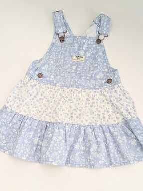 OshKosh B'gosh Girls (Size 3) Blue & White Floral Tiered Bib/Overall-Style Dress